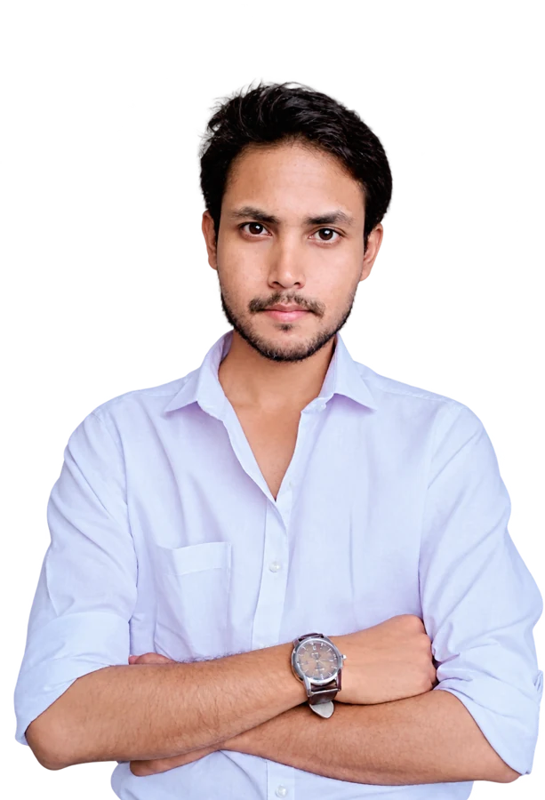Portrait of Amit Raj Shrivastava, wearing a light lavender shirt with arms crossed
